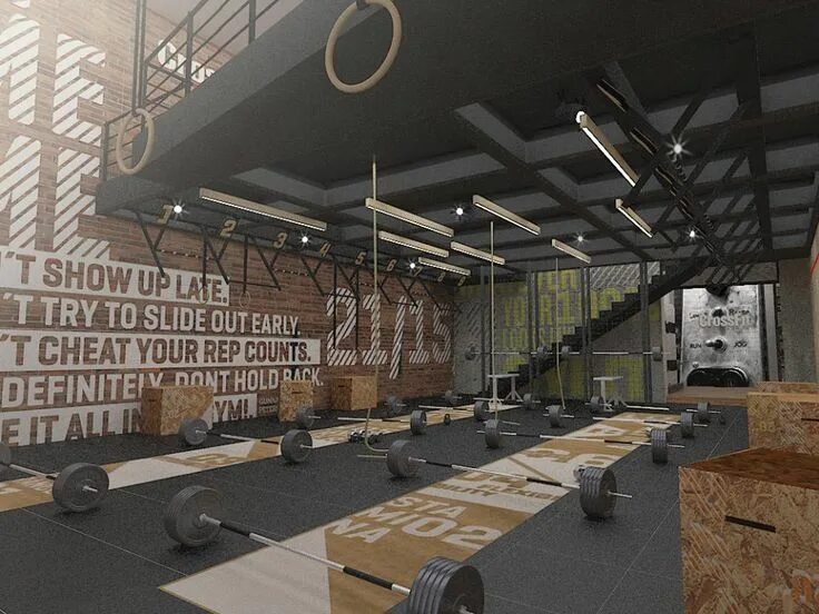 Качалка в стиле лофт Crossfit DLX (certified) / Medellín - ColombiaInterior Design concept. Gym desig