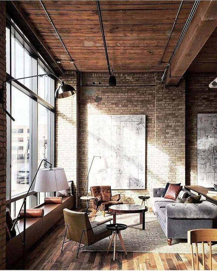 Качалка в стиле лофт Rustic living room with an exposed brick wall. #mortonstones #brick #wall #rusti