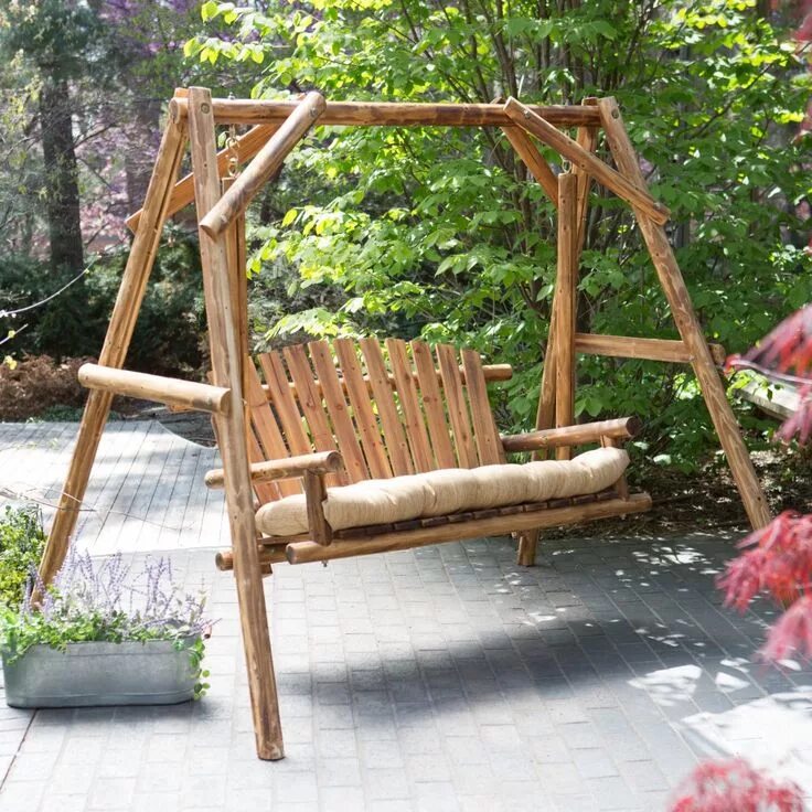 Качели для дачи своими руками Coral Coast Rustic Oak Log Curved Back Porch Swing and A-Frame Set Columpios de 