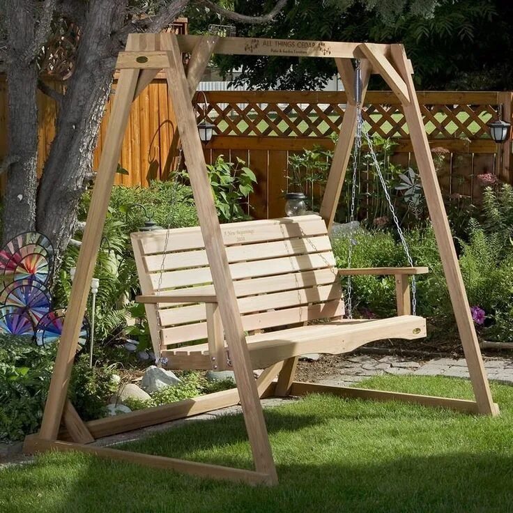 Качели на даче из дерева фото RED CEDAR A FRAME STAND & 4ft. PORCH SWING BY ALL THINGS CEDAR Verandaschaukel, 