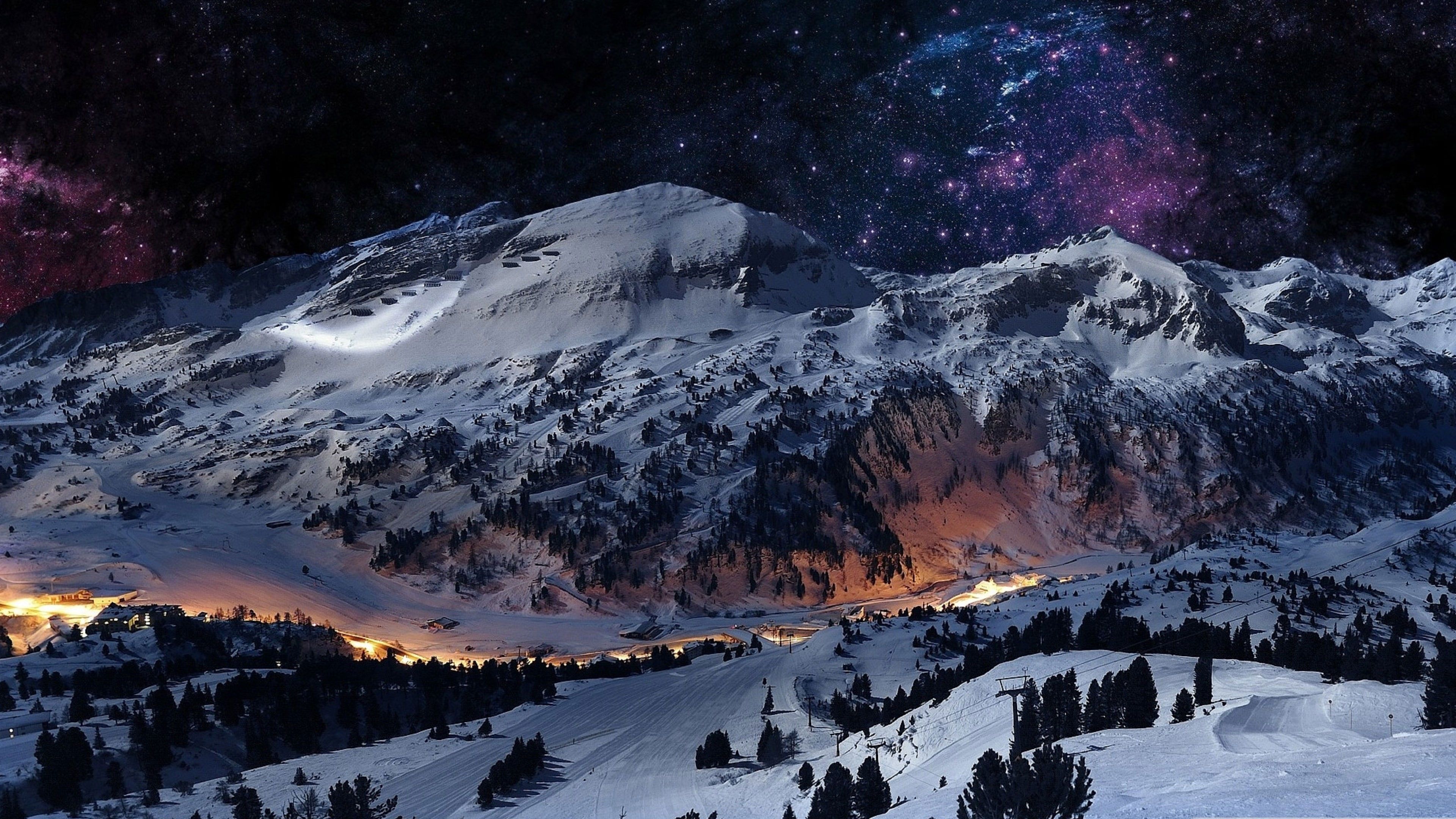 Качественные фото на обои Wallpaper Nature, Sky, Snow, Winter, Starry Sky, Mountain Mountains at night, Ni