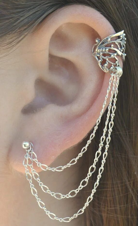 Кафа в ухо фото Ear Cuff With Chain Butterfly Wing Earring Chain Ear Etsy Ear jewelry, Ear cuff,