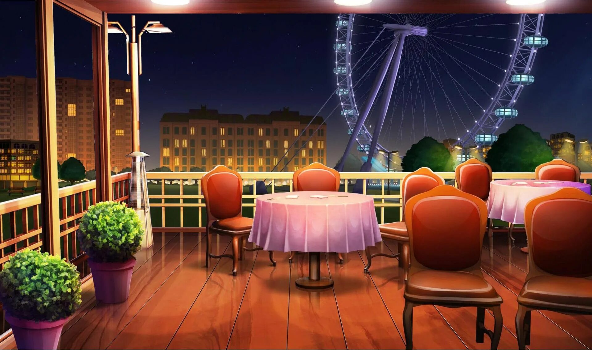 Кафе фото для фотошопа Outdoor Dining Area with Ferris Wheel Background