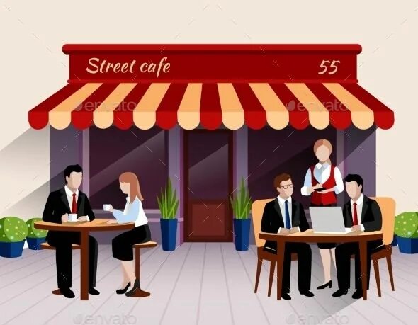 Кафе фото для презентации Street Cafe Customers Flat Banner Illustration Cafe terrace, Cafe, Outdoor