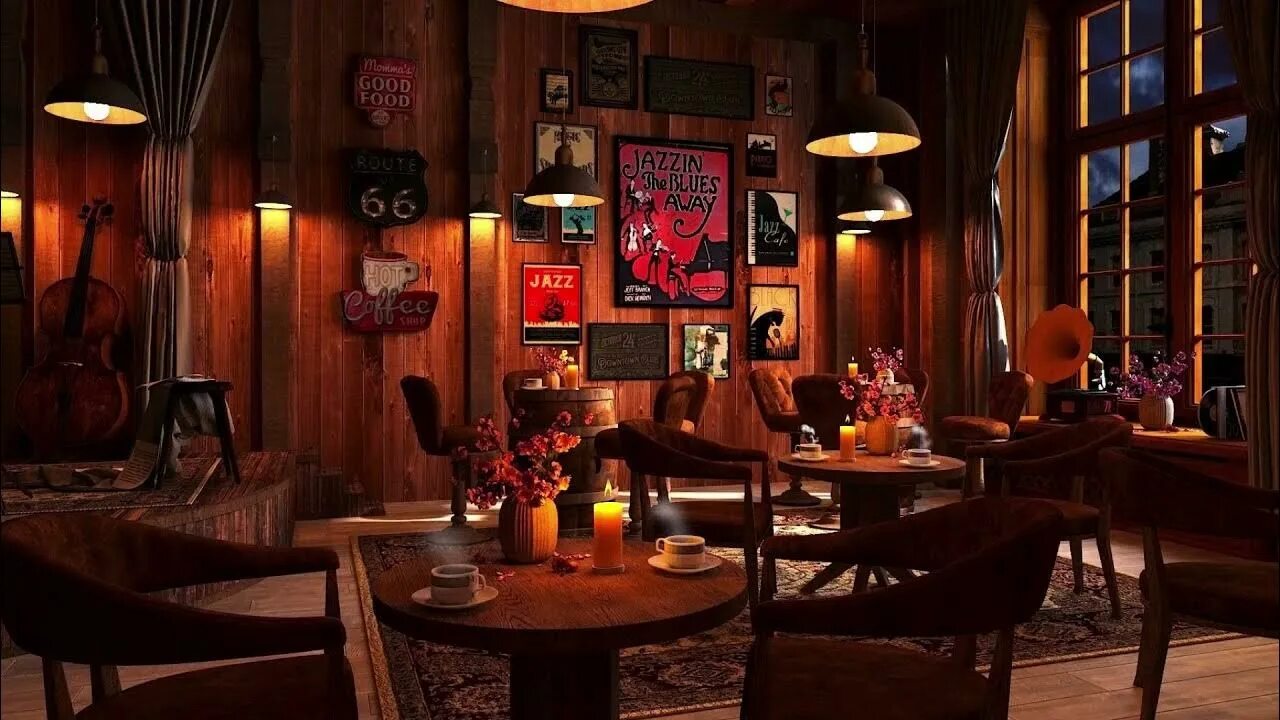 Кафе ночной город сокурский тракт 2 фото Cozy Fall Coffee Shop Ambience: Relaxing Jazz Music & Rain Sounds for Studying, 