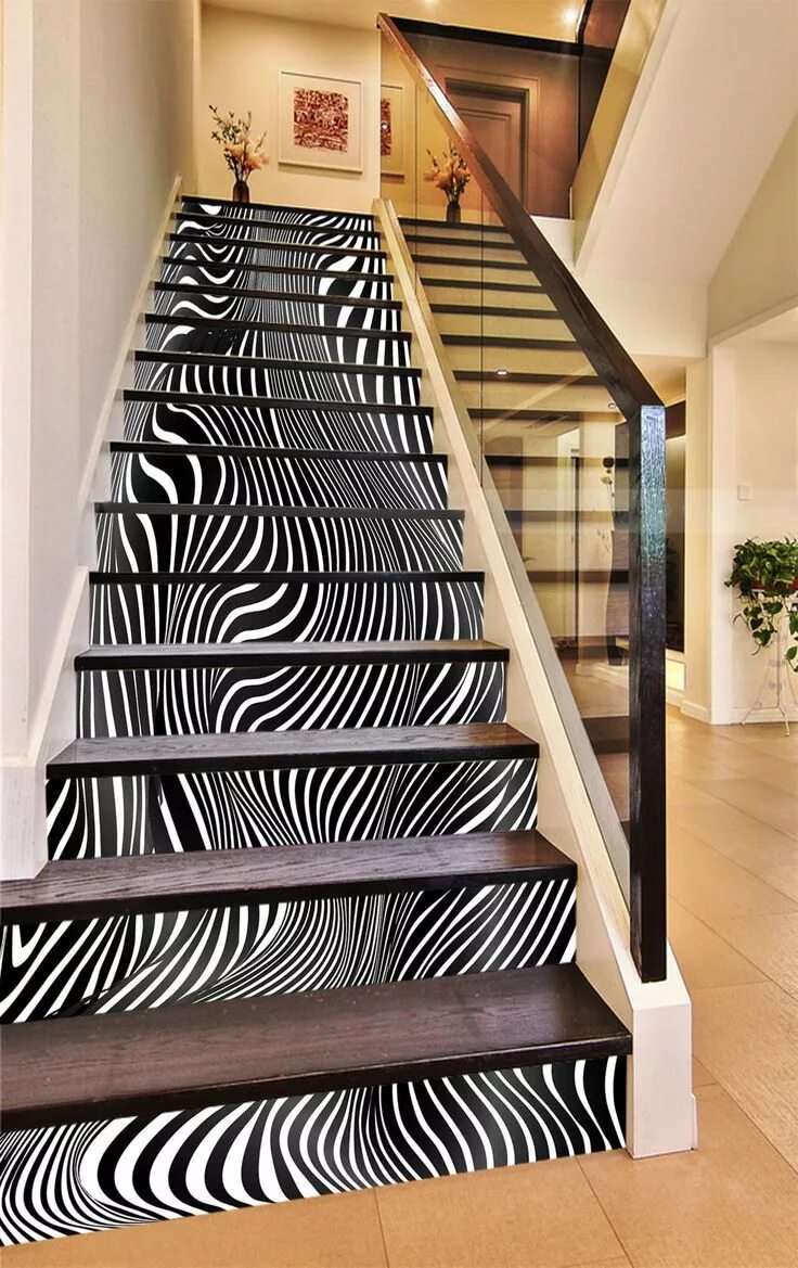 Кафель для лестницы в доме фото 3D Fluctuating Stripes 1301 Stair Risers Stairs, Stair risers, White stair riser