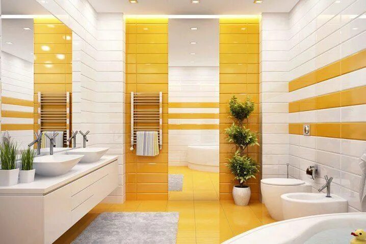 Кафель для ванных комнат фото сочетание цветов kids-bathroom-yellow-subway-tiles-porthole-mirrored-medicine-cabinet- Top Dreame