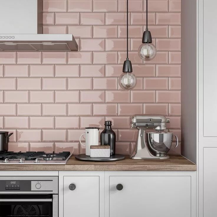 Кафель кабанчик для кухни фото в интерьере Calcolo Metro subway blush pink bevelled gloss wall tile 100mm x 200mm Intérieur