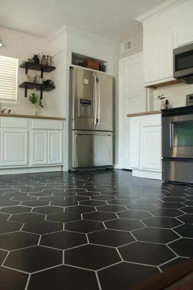 Кафель на кухню на пол дизайн фото Black Hexagon Tile, Kitchen Floor DIY, DIY fridge surround, white cabinets, floa