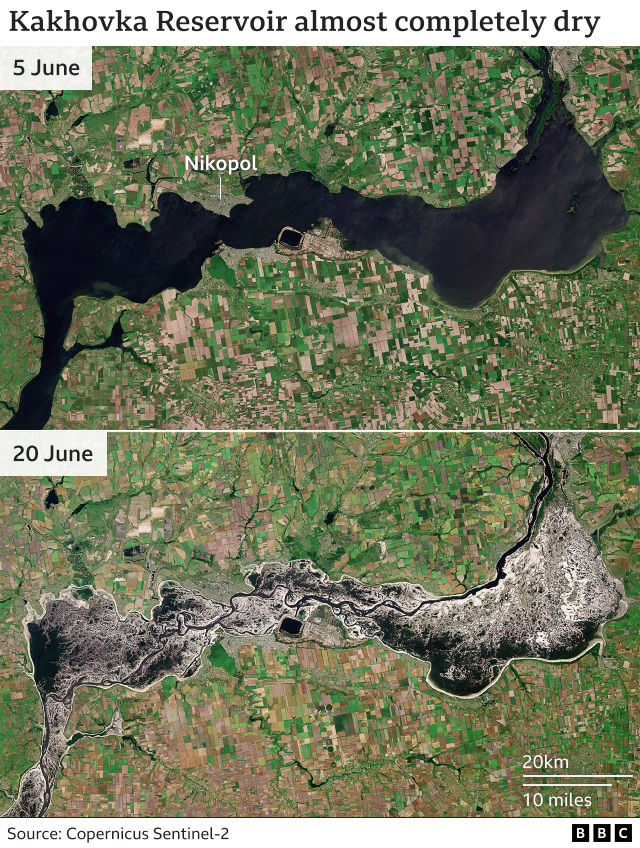 Каховское водохранилище сегодня фото 2024 Ukraine dam: Satellite images reveal Kakhovka canals drying up