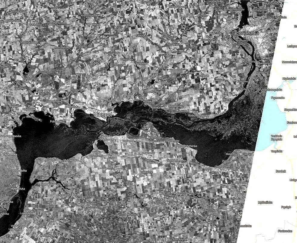 Каховское водохранилище сегодня фото спутник Спутниковый снимок Каховского водохранилища несколькодневной давности, где можно