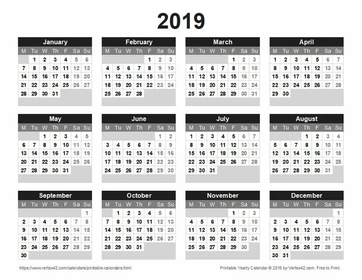 Караульный календарь на 2025 год Download a free Printable 2019 Yearly Calendar from Vertex42.com 2017 yearly cal