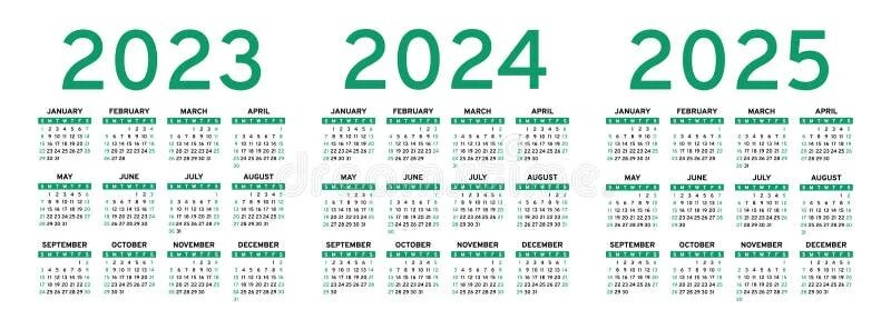 Караульный календарь на 2025 год Calendar 2023, 2024 and 2025 Years. Vector Calender Design Template. English Set