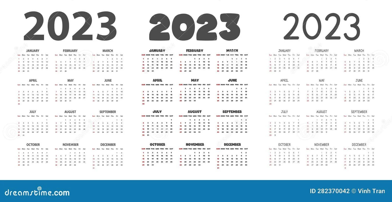 Караульный календарь на 2025 год 2023 Calendar in Different Fonts Style Vector Illustration. Simple Classic Month