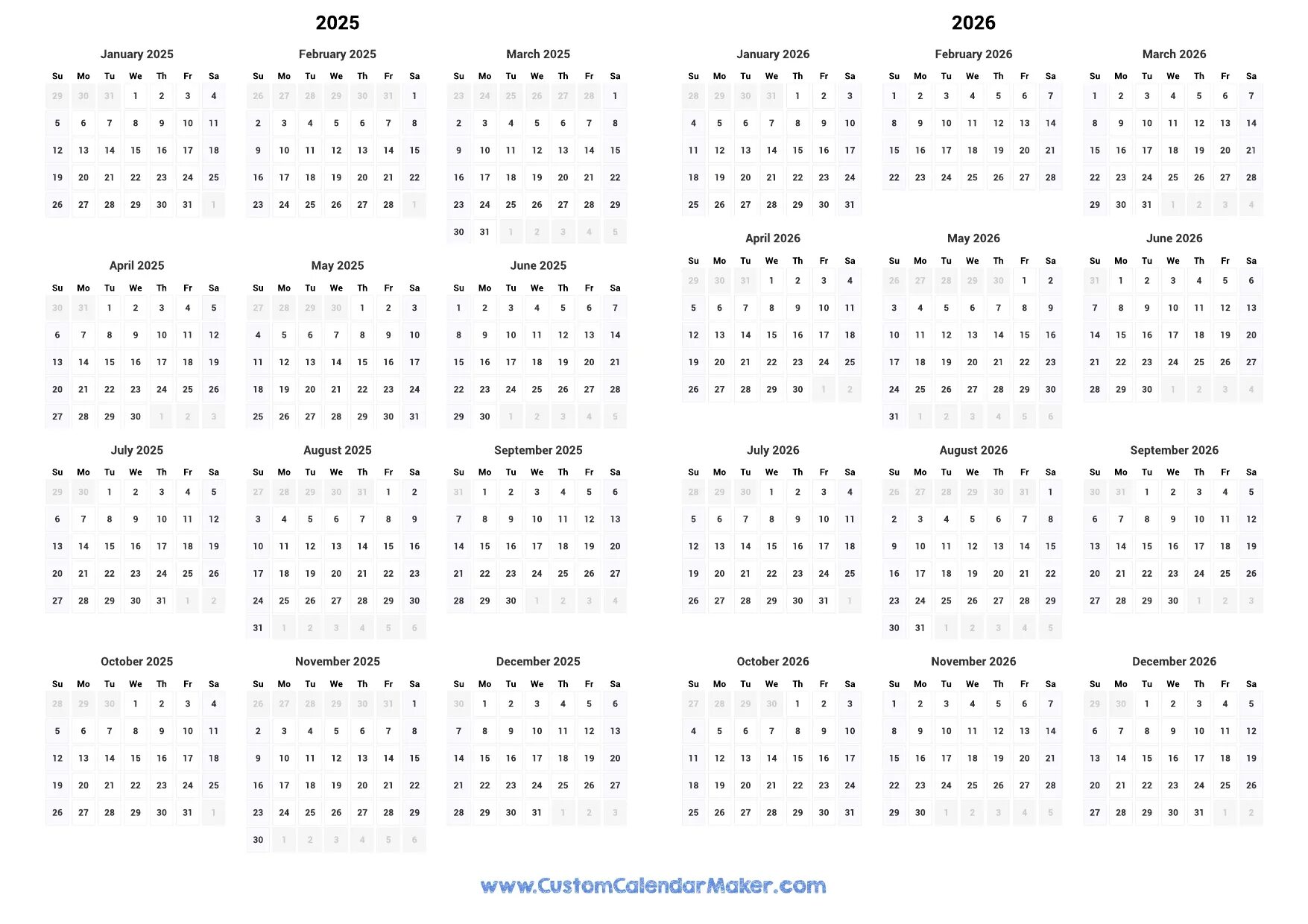 Караульный календарь на 2025 год 2025 and 2026 Two Year Calendar