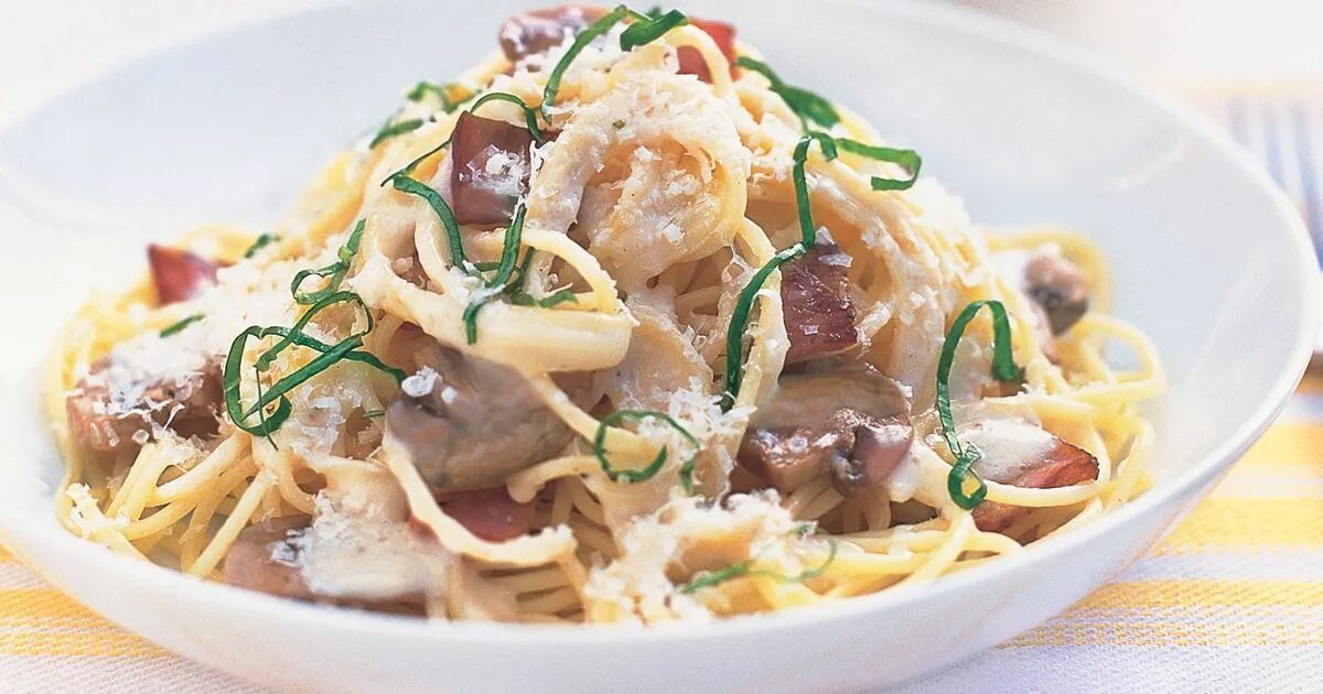 Карбонара с грибами рецепт с фото Creamy mushroom, bacon and basil spaghetti