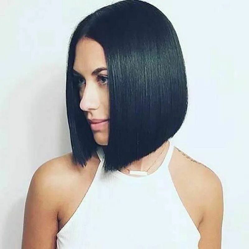 Каре без фото Short Bob Straight T Part Lace Front 100% Brazilian Remy Human Hair Black Wig US