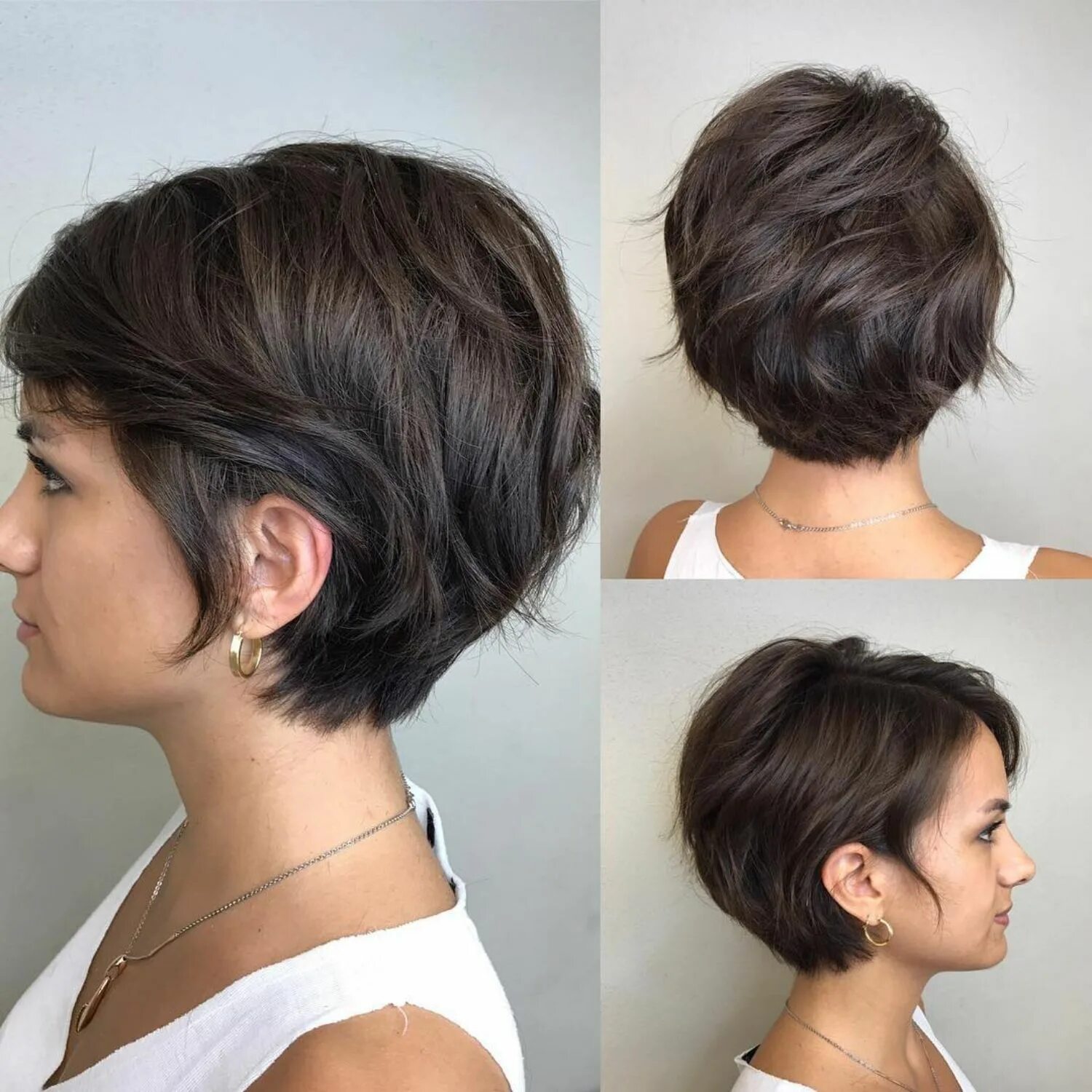 Каре боб со всех сторон фото Cute Textured Brunette Pixie-Bob Ideias de cabelo, Cabelo curto feminino, Cabelo