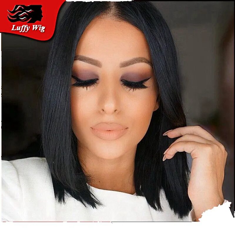 Каре брюнетка макияж Layered Human Hair Short Bob Wigs/Glueless Lace Front Human Hair Bob Wig/Full La