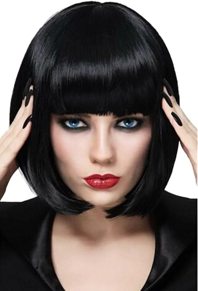 Каре черные волосы фото Amazon.com: Black Wig With Bangs