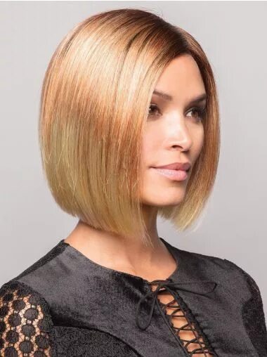 Каре фото бесплатно 8" Chin Length Straight Blonde Synthetic Without Bangs Online 100% Hand-tied Wig