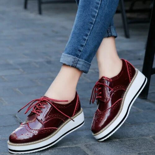 Каре фото обуви Women Creepers Platform Lace Up Wedge Oxfords Chunky Heel Brogue Shoes College L