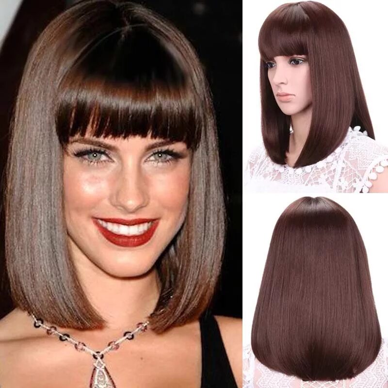 Каре с прямой челкой фото 12"Short Bob Wig for Women Synthetic Wigs for Black Women Female Cheap Bob Fake 