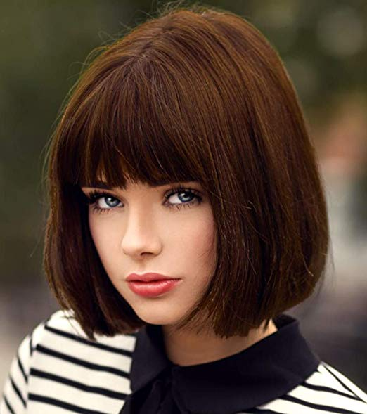 Каре стрижки волос фото с челкой Bopocoko Brown Wigs for Women Velma Costume 12'' Short Brown Bob Wig with Bangs 