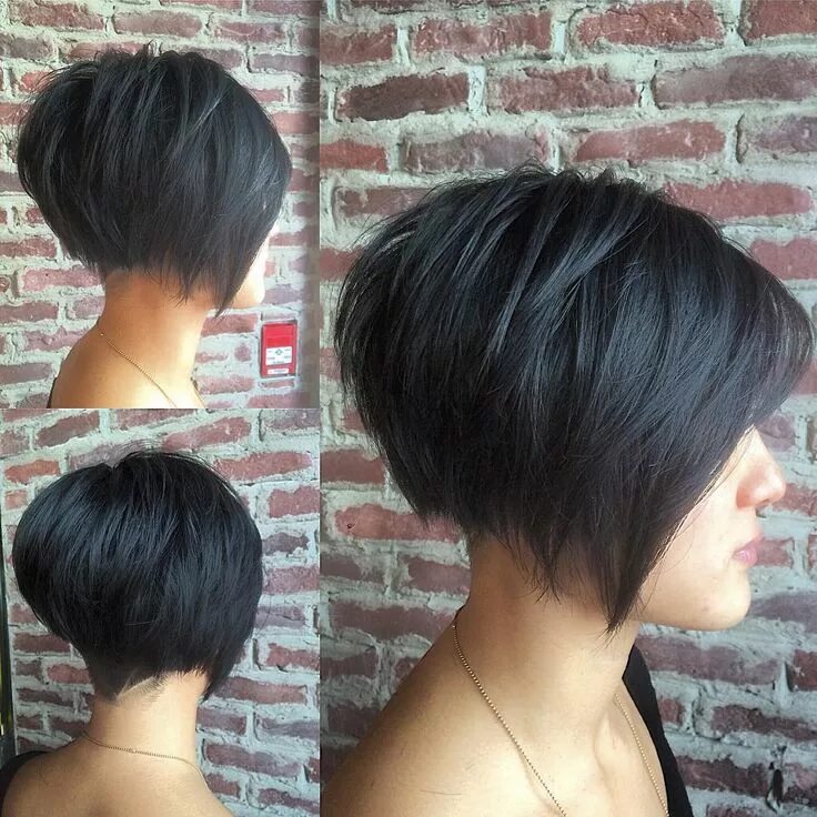 Каре высокий затылок фото Black Undercut Bob with Choppy Graduated Layers and Shaved Nape - The Latest Hai