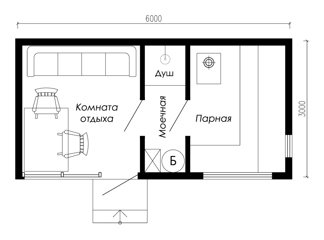 Каркасная баня планировка Проект каркасной бани 6х3 м в стиле минимализм М-63-15