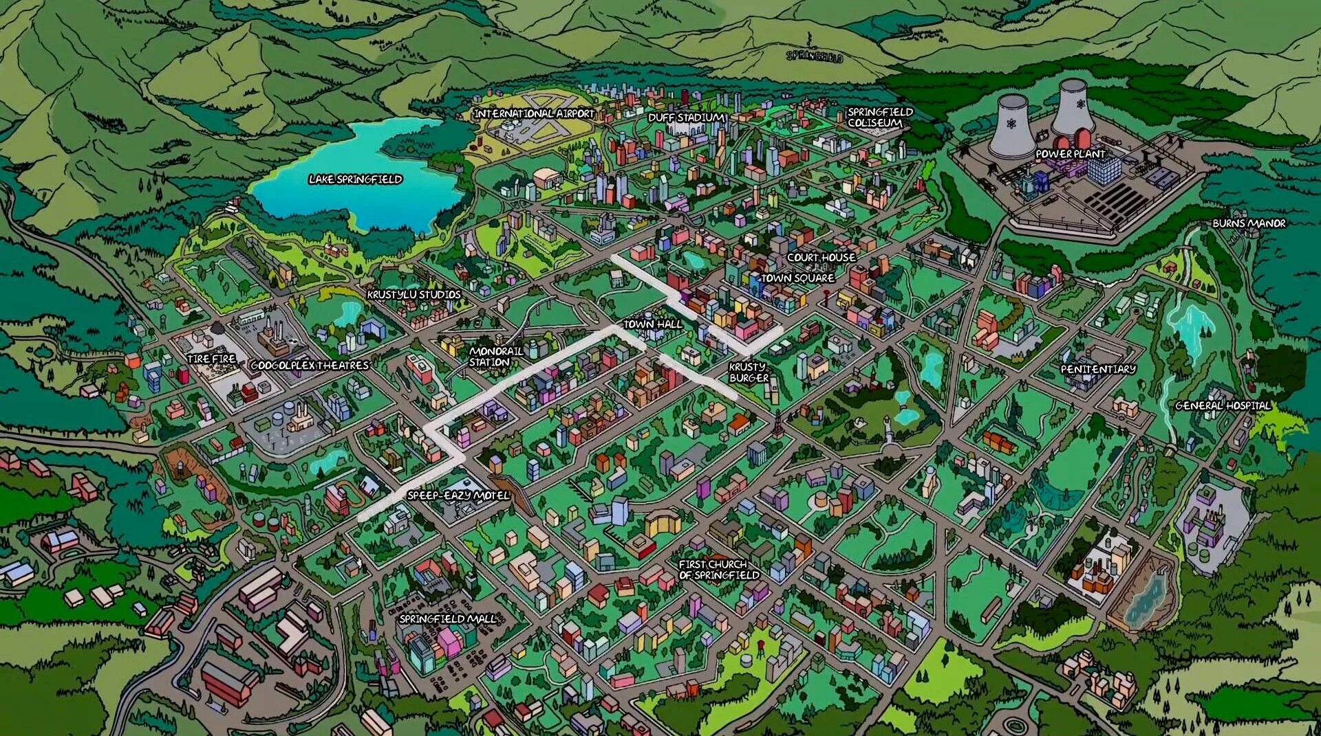 Карта города фото Maps of Springfield, home of the Simpsons. Simpsons springfield map, Springfield