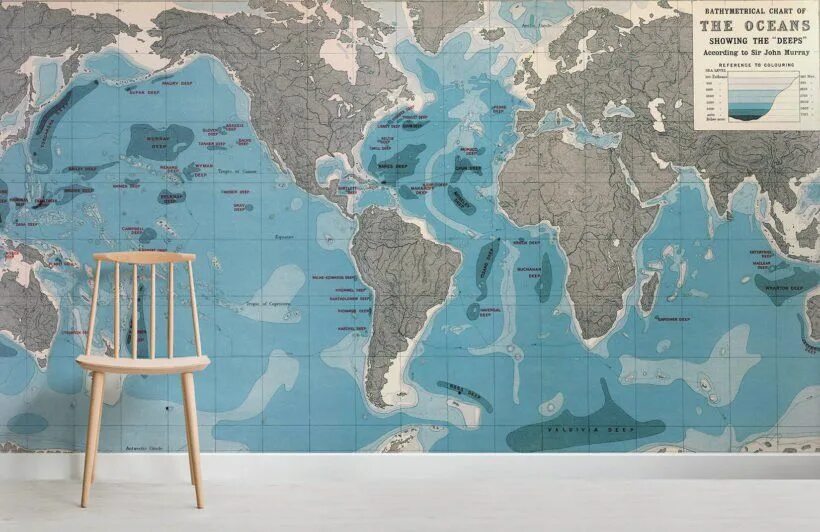 Карта океанов мира фото World Ocean Depths Map Wallpaper Mural Hovia Map wallpaper, Mural wallpaper, Nur