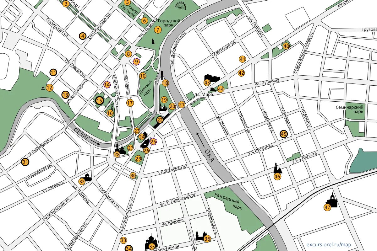 Карта орла фото Карта Орла с достопримечательностями - Экскурсии по Орлу