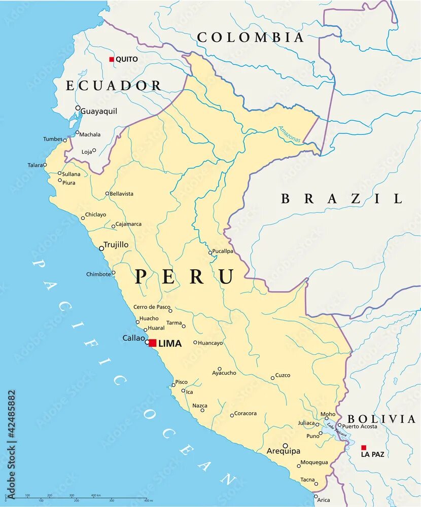 Карта перу фото Peru political map with capital Lima, national borders, most important cities, r