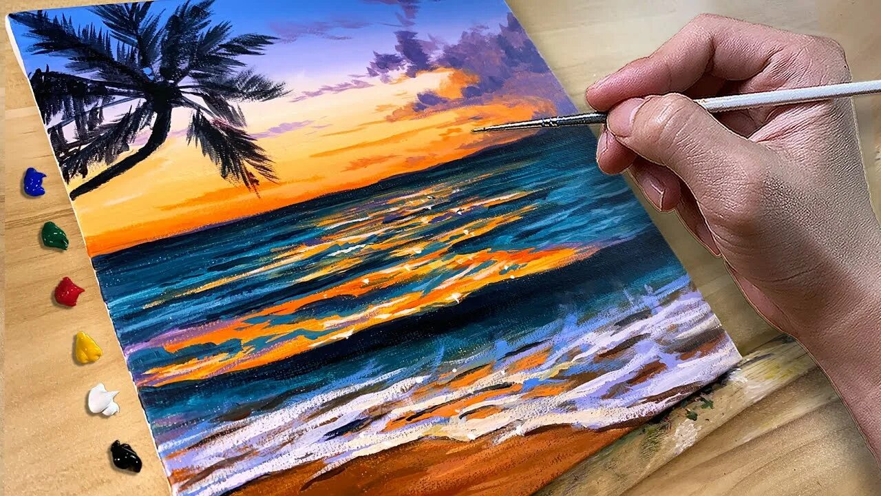 Картина красками по фото Painting Sunset Palm Beach / Acrylic Painting / Correa Art - YouTube