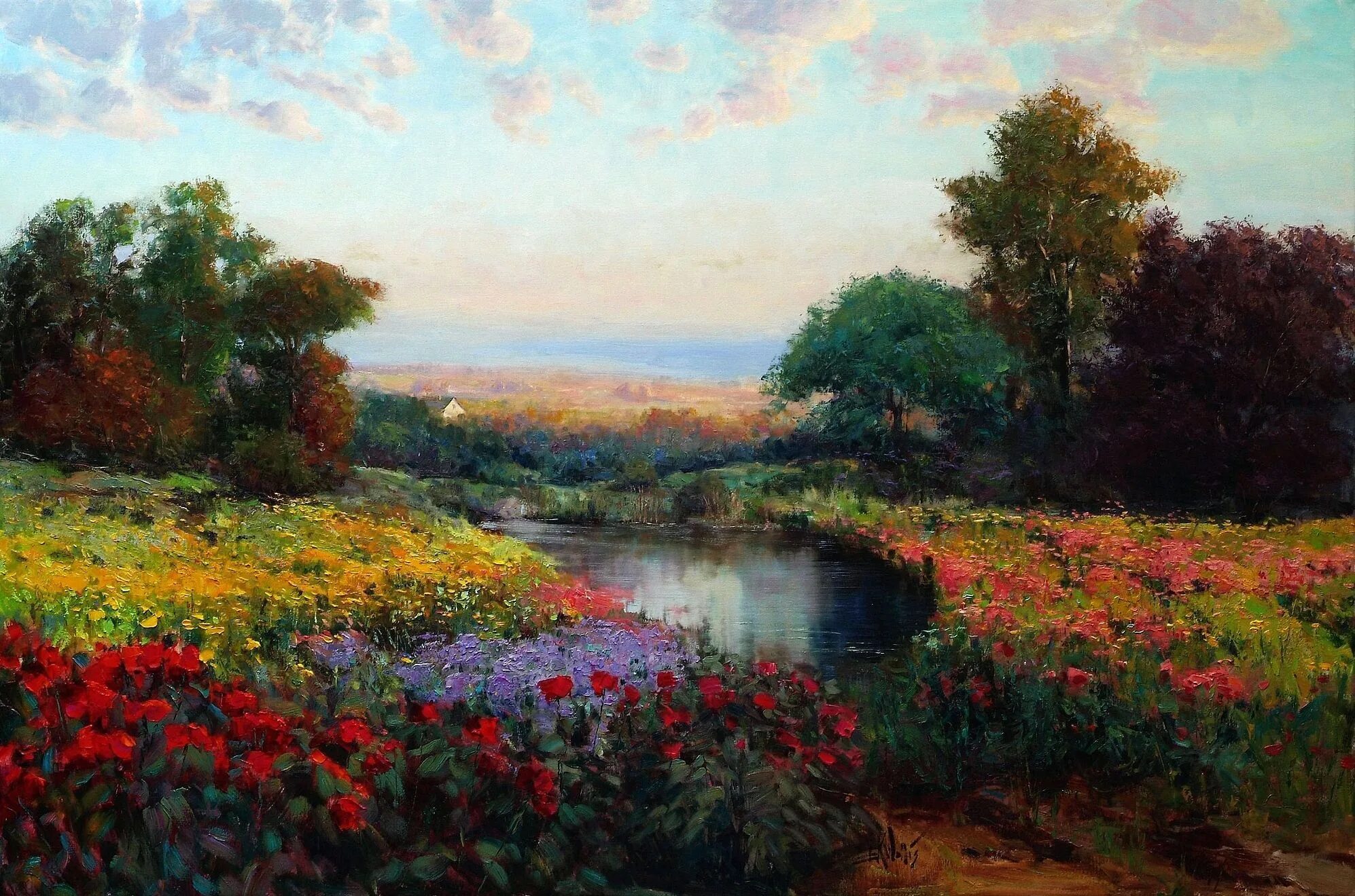 Картина маслом пейзаж фото Обои eric wallis, цветы, луг, арт, пейзаж, масло, озеро, Картина на рабочий стол