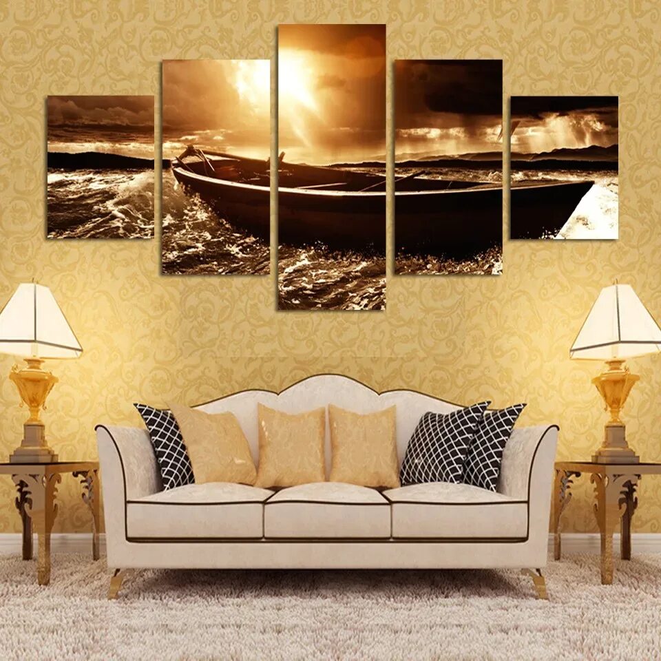 Картина над диваном фото 5 Panel Modern Prints Beach Seascape Painting Sea Boat Sunset Painting Cuadros W