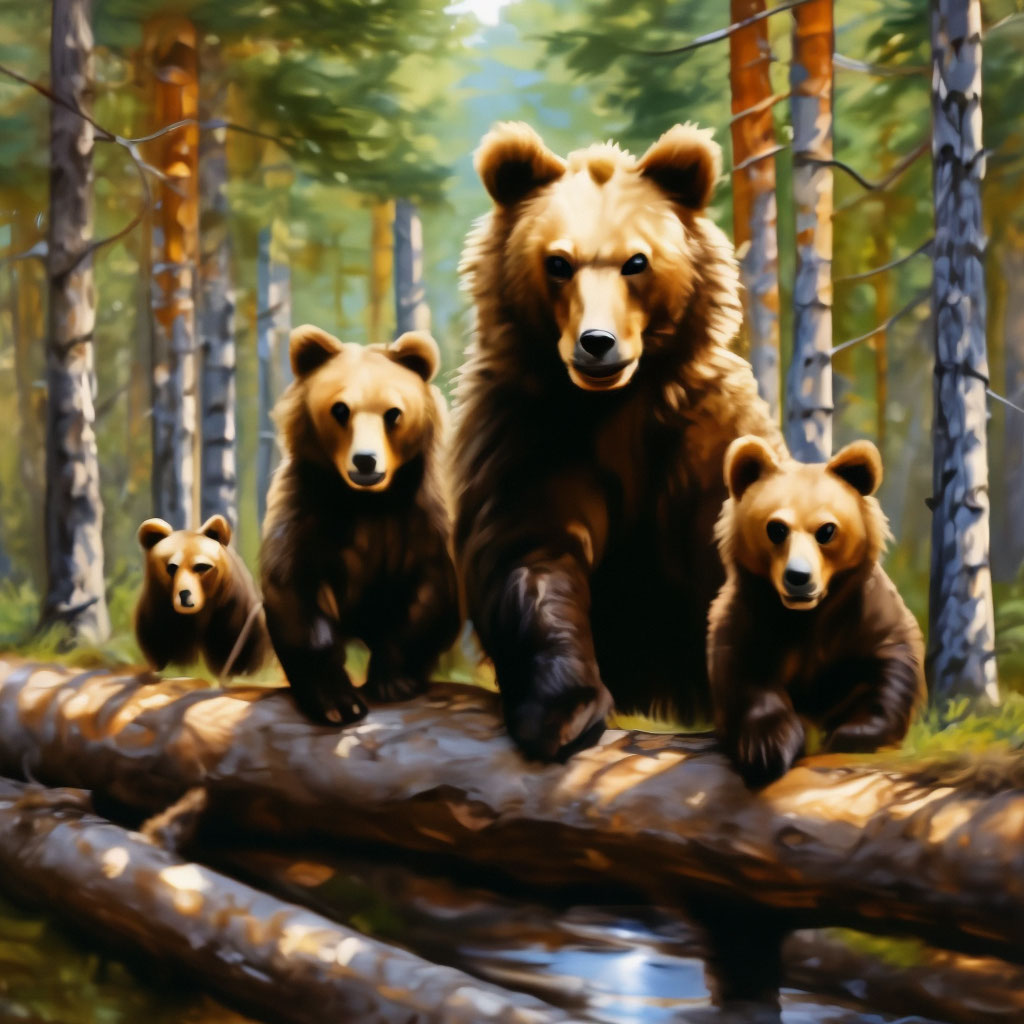 Картина три медведя фото "A mother bear and three cubs climbed ." - image created in Shedevrum