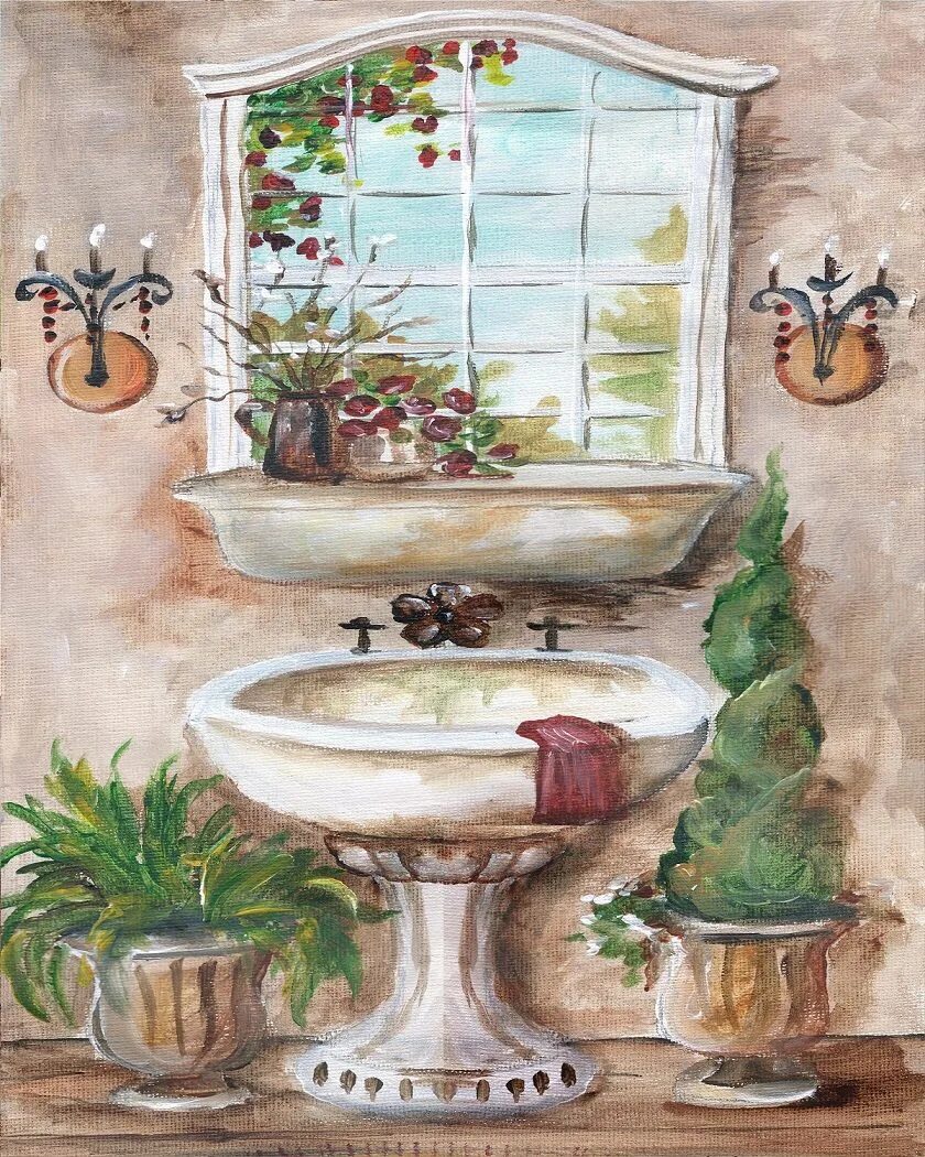 Картина в интерьере ванной French Country Sink (Tre Sorelle Studios) Painting, Art licensing, Bath art