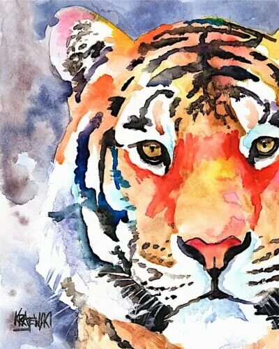 Картинка красками животных Tiger Art Print Signed by Artist Ron Krajewski Painting 8x10 eBay