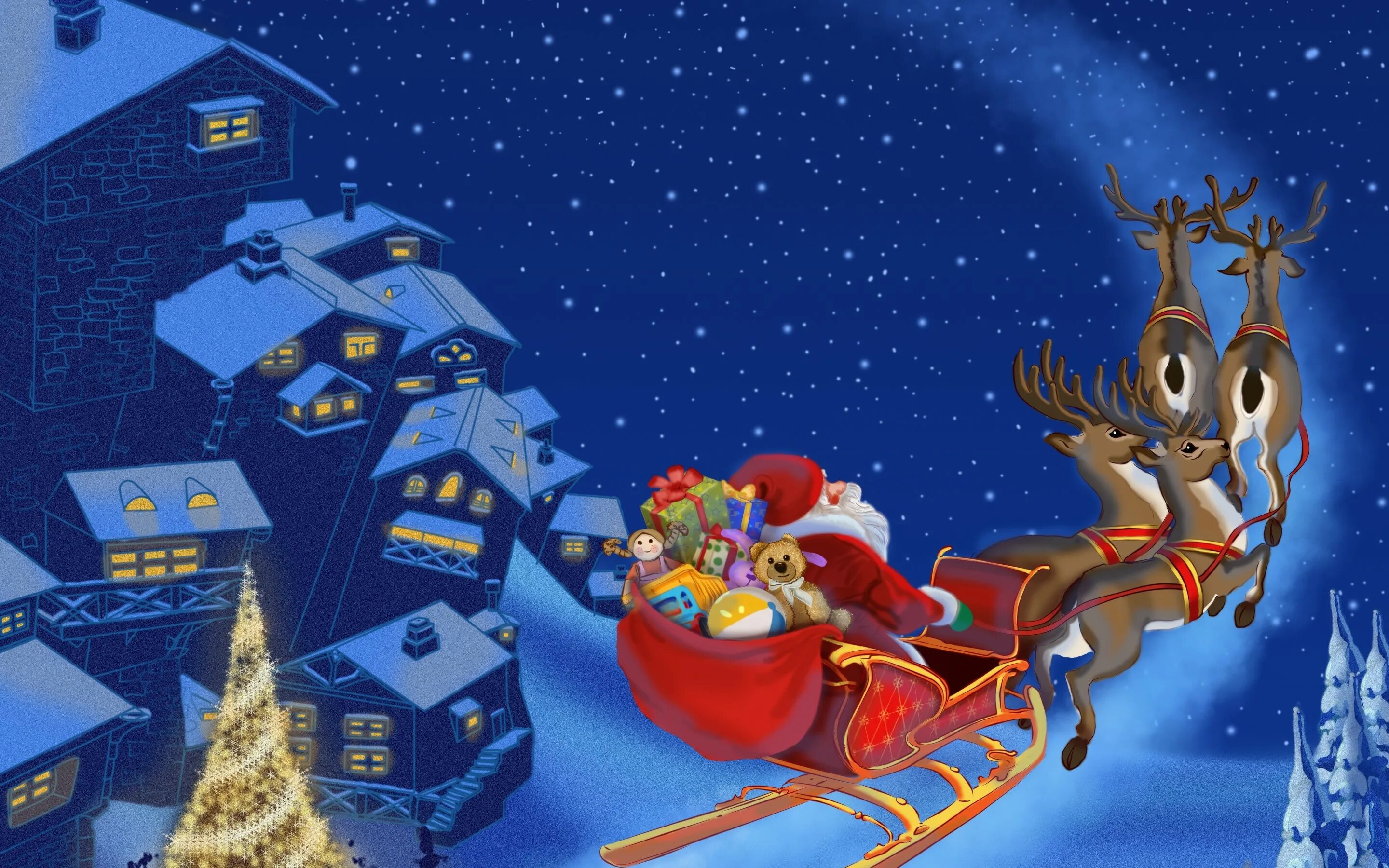 Картинка новый год 2025 Wallpaper : 2880x1800 px, Christmas, claus, coming, is, merry, new, reindeer, sa