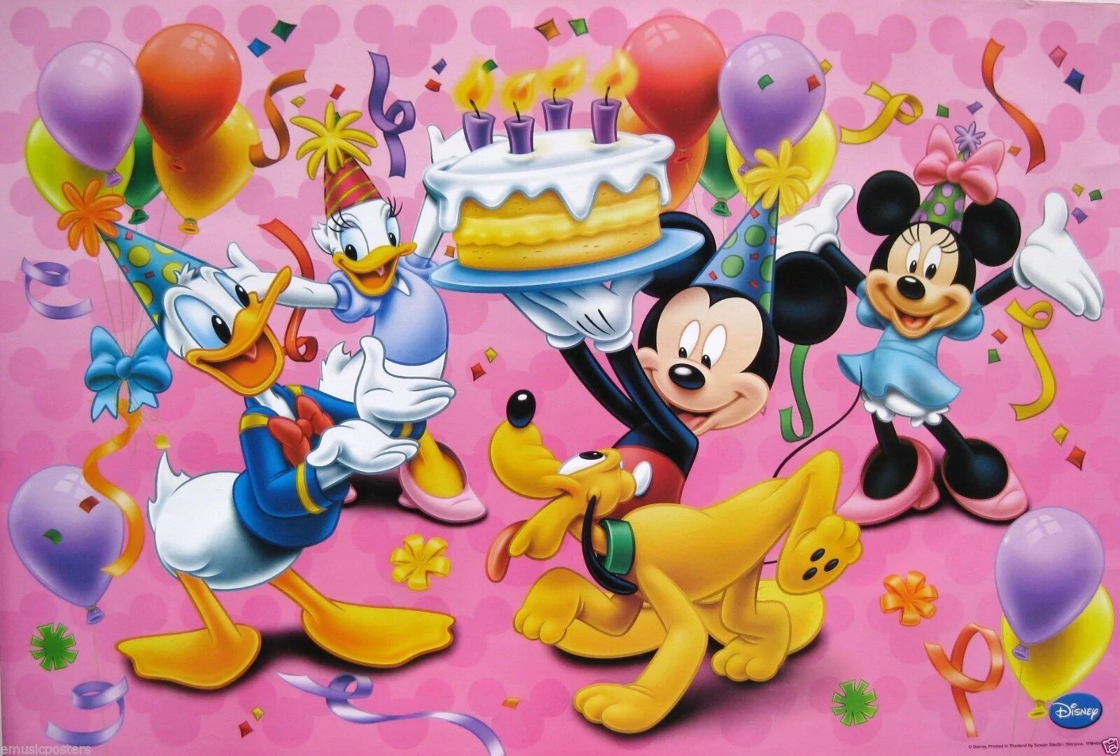 Картинка с днем рождения 2 DISNEY "MICKEY MOUSE HOLDING BIRTHDAY CAKE FOR DONALD DUCK" POSTER -Pluto,Minnie