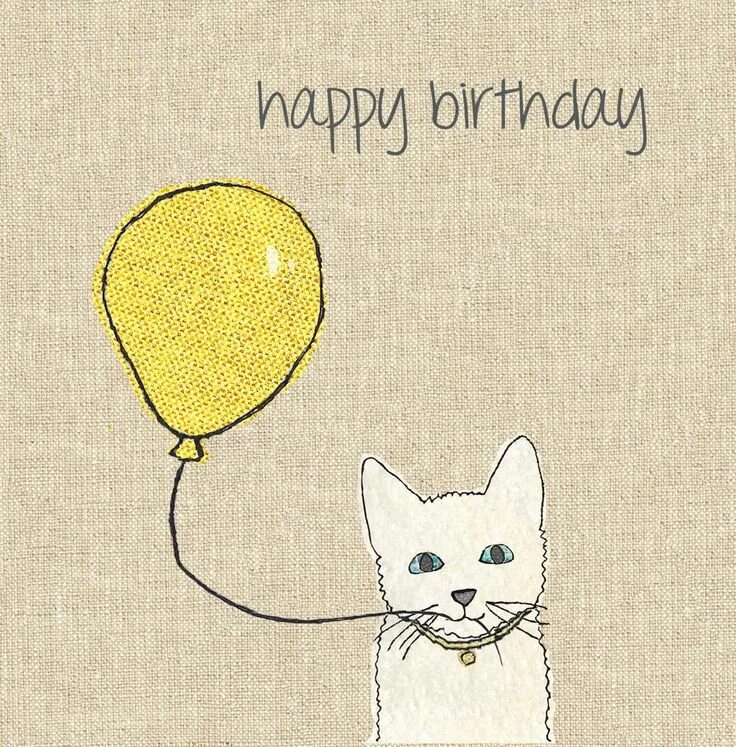 Картинка с днем рождения с котом A very cute birthday card which has a white cat holding a yellow balloon design.