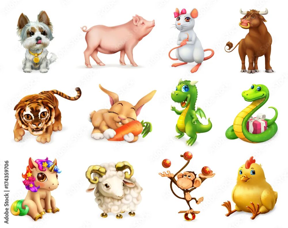 Картинки 12 животных года для детей Dog, Pig, Rat, Ox, Tiger, Rabbit, Dragon, Snake, Horse, Goat, Monkey, Rooster. F