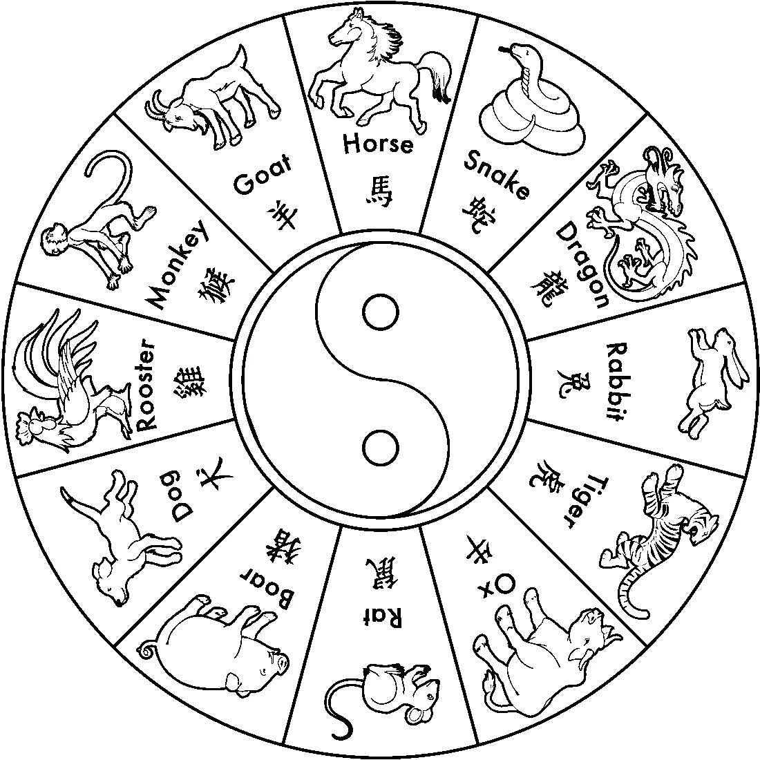 Картинки 12 животных года для детей CHINESE_ZODIAC_BW.bmp (1100 × 1100) Chinese astrology, Chinese new year zodiac, 