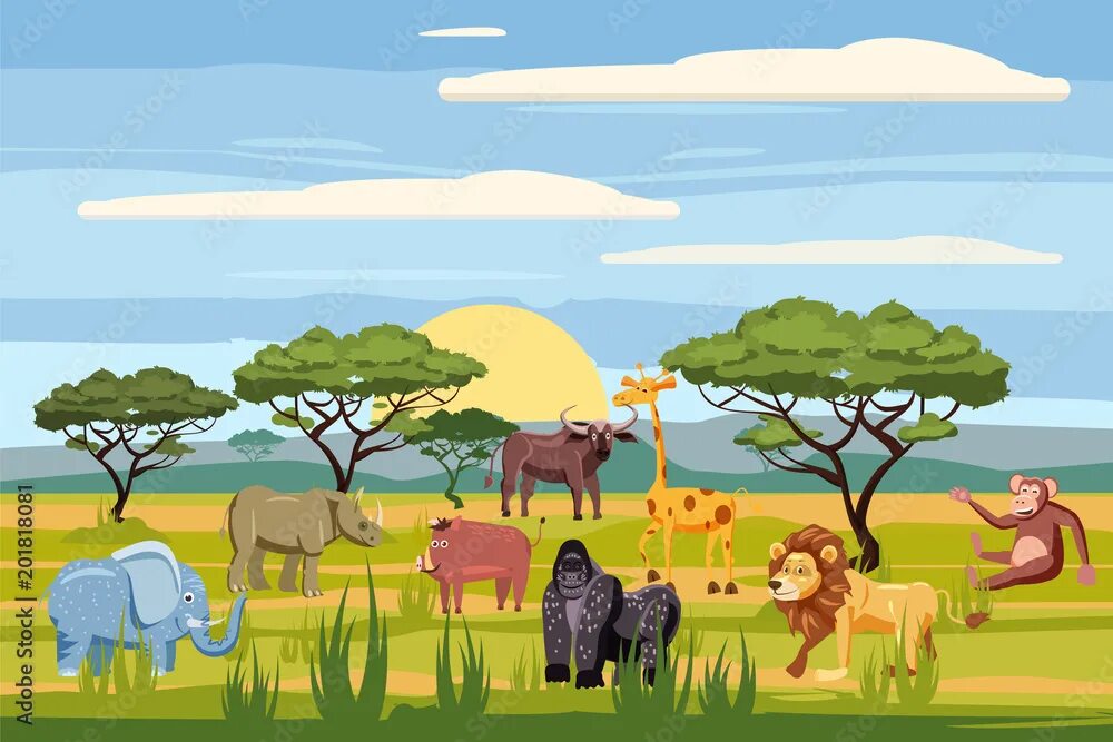 Картинки без животных Set of cartoon african animals, background landscapes savanna. Safari animals , 