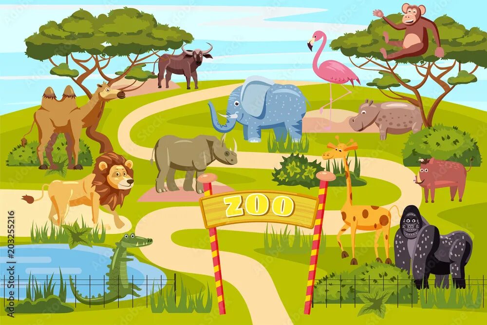 Картинки без животных Zoo entrance gates cartoon poster with elephant giraffe lion safari animals and 