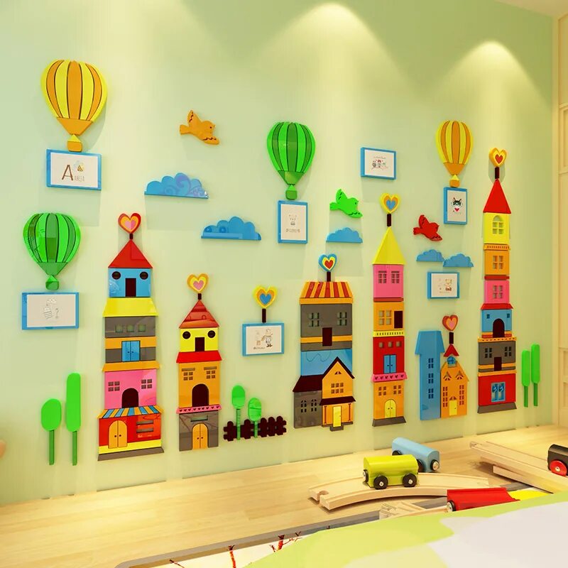 Картинки для детского сада оформление стен Staircase Corridor Decorative Wall Sticker Acrylic Cartoon City Wall Sticker 3d 