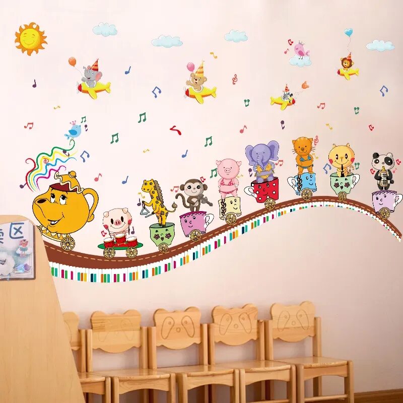Картинки для детского сада оформление стен DIY мультяшный чайник Животные поезд настенные наклейки детская комната Детский 