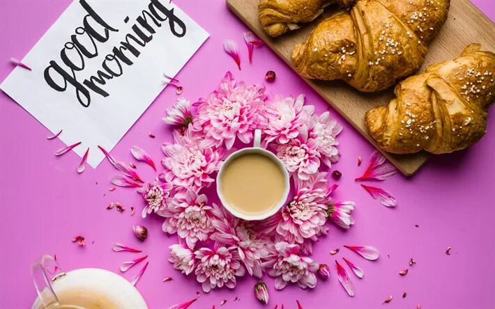Картинки доброе утро новые стильные красивые необычные Download wallpapers Good Morning, concepts, coffee, croissants, breakfast, pink 